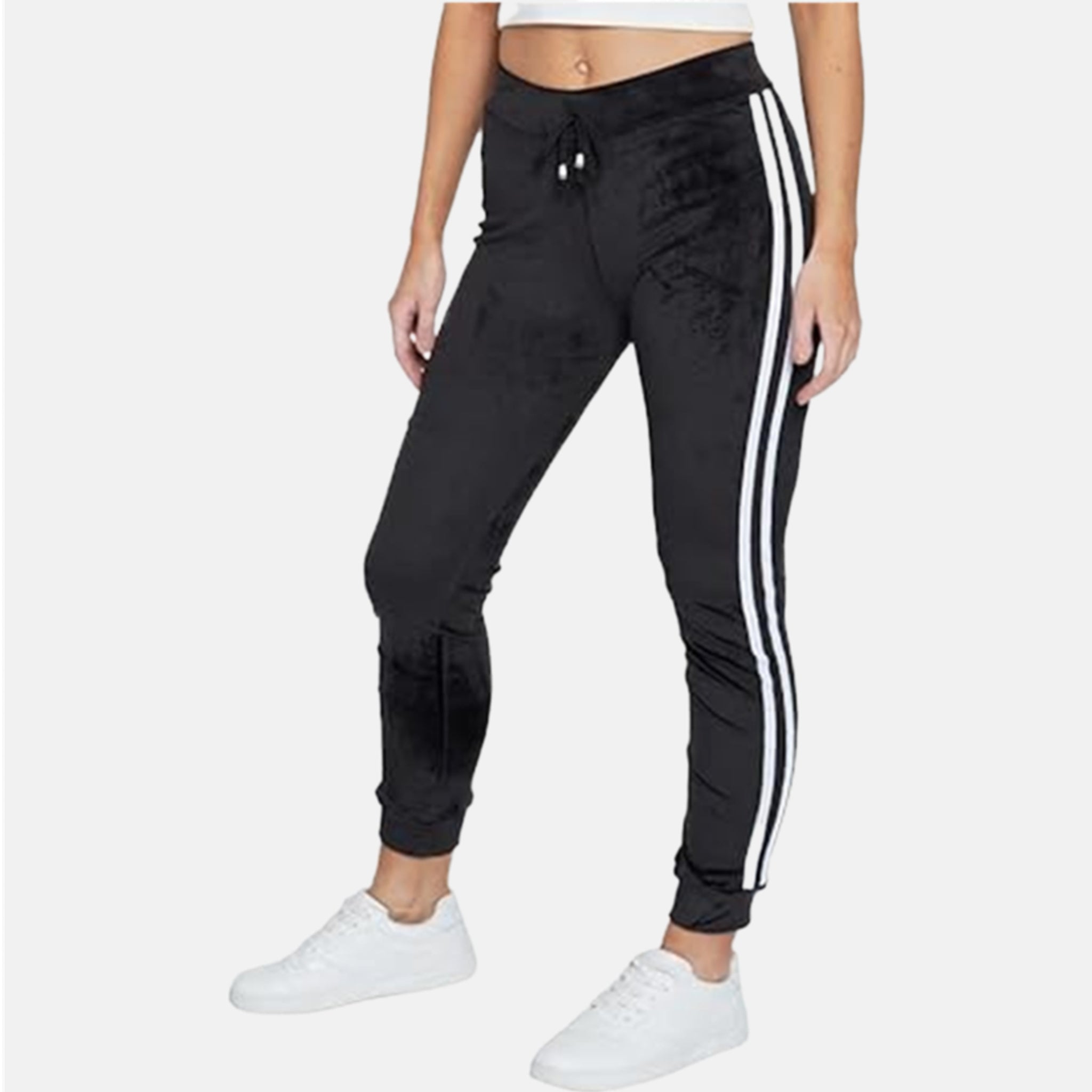 Ladies velour bottoms soft lounge joggers with side stripes in black